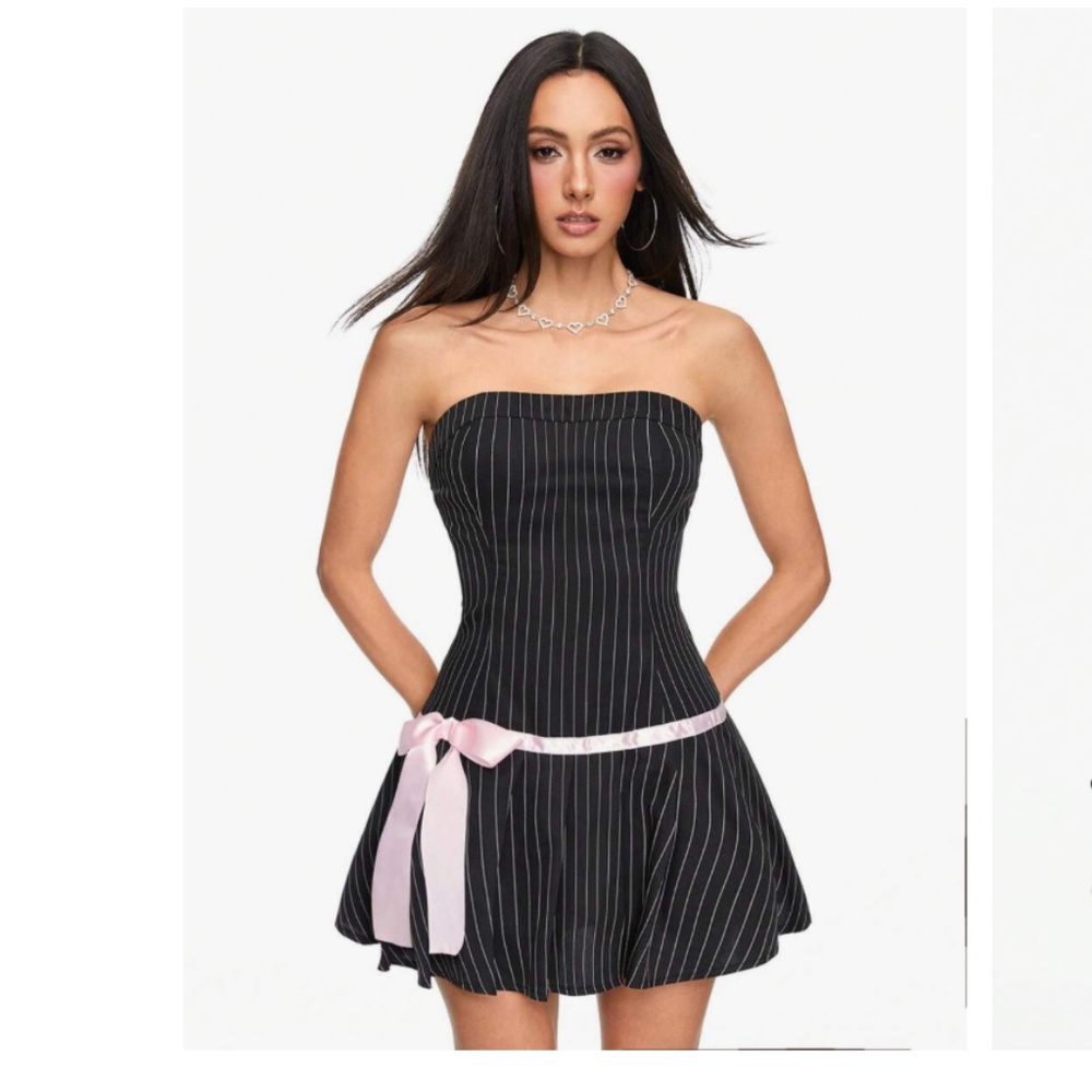 NWOT Y2K Strapless Low Waist Striped Pleated Dress With Bowknot